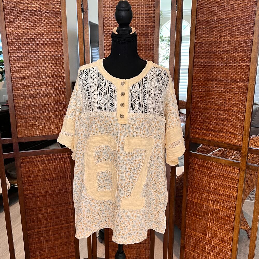 POL Top Womens Size Medium Yellow Number Floral Embroidered Button Lace Detail - Picture 15 of 16